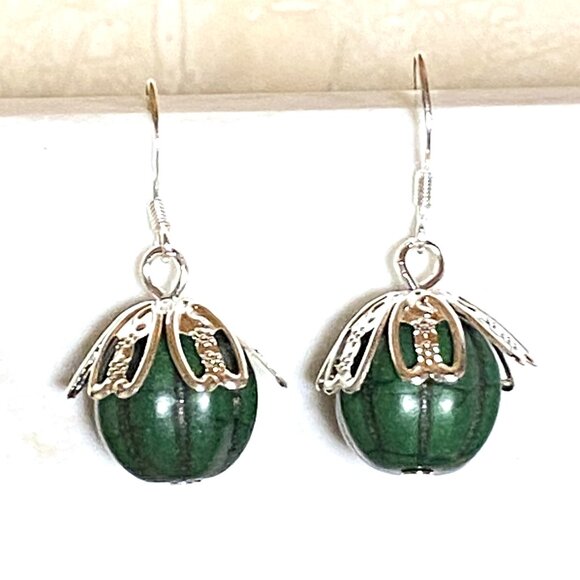 2/20$, Cute Green Pumpkin Drop Earrings, Sterling Silver Hook Dangle Earrings - Picture 1 of 7